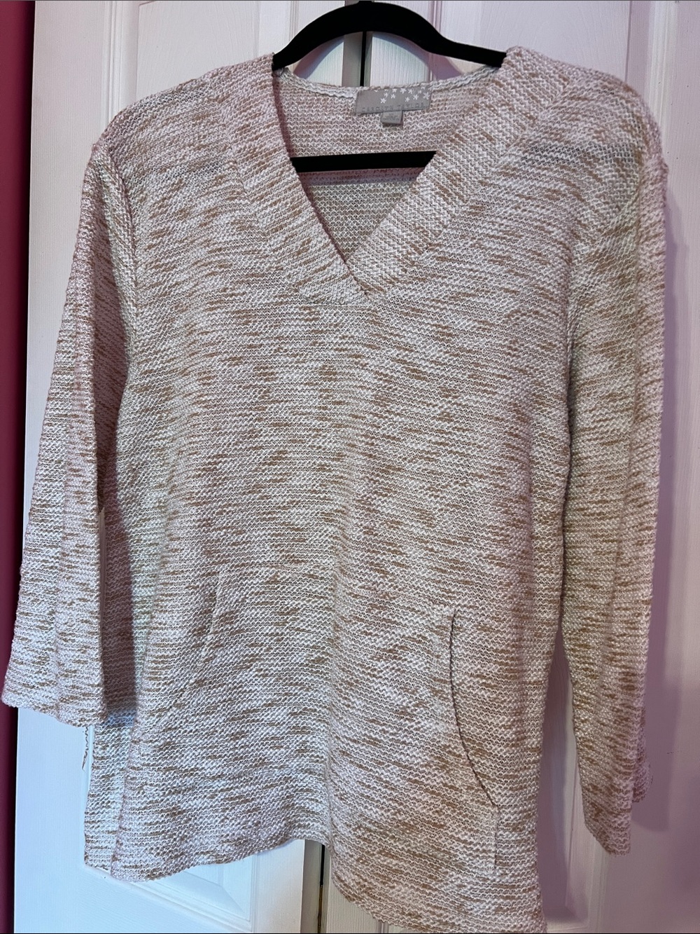 Carolyn Taylor Marled Knit V-Neck Women’s Sweater in Beige and Cream Size XL